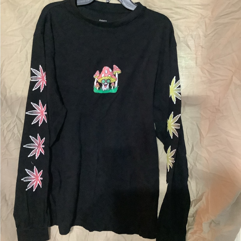 Eighty Eight Black Long Sleeve Tee with Mushroom and Starburst Design